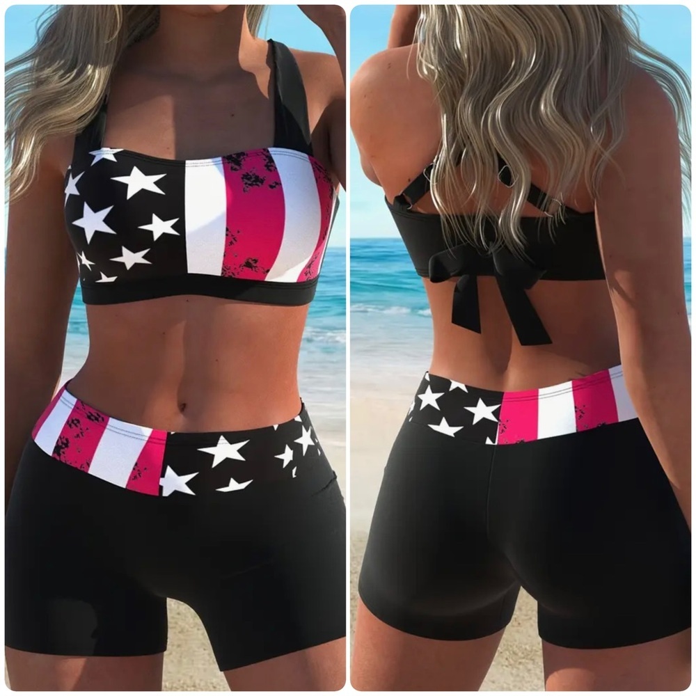 American Flag Stars Stripes Black Red Shorts Bikini Set